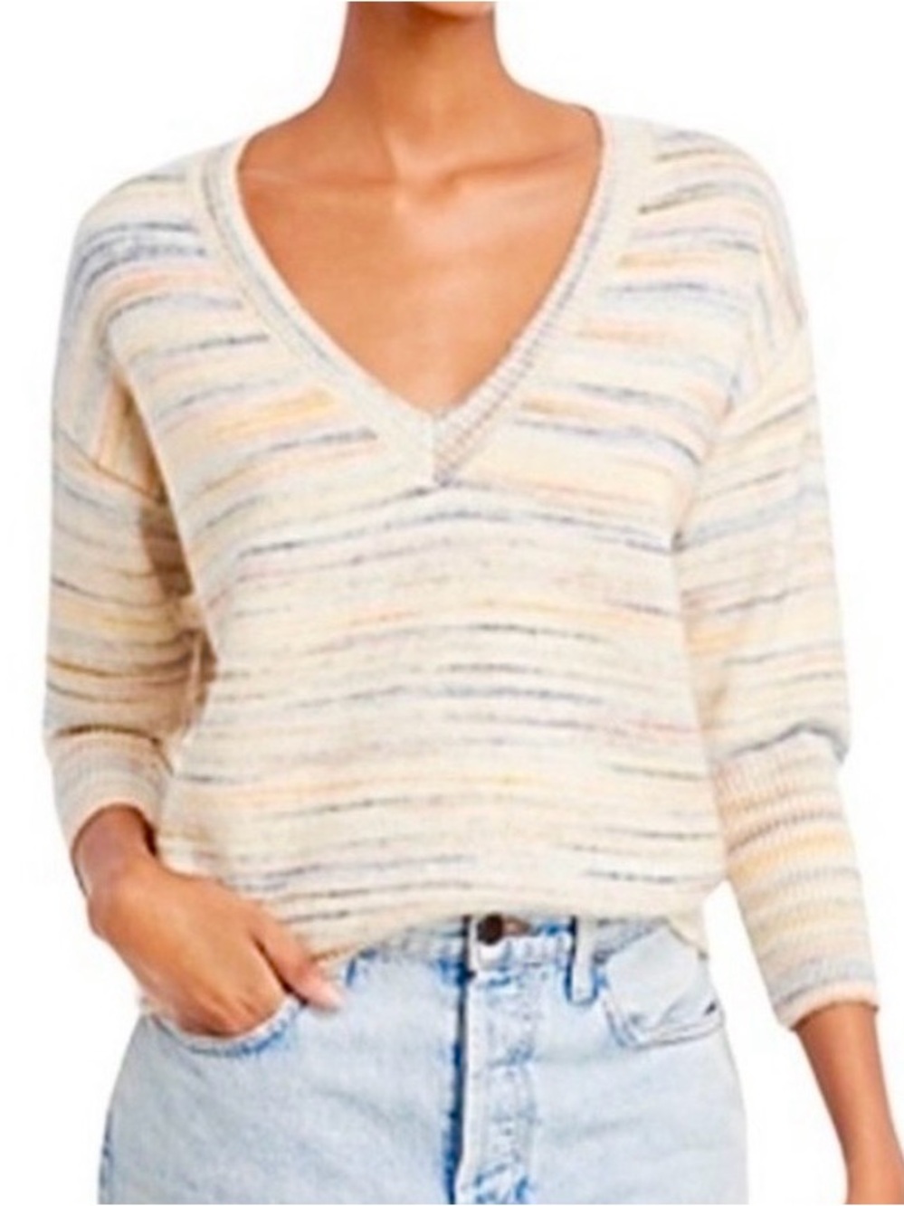 Anthropologie Sundays Fay Sweater Ivory Space Dye V-neck Womens 2 Oversized